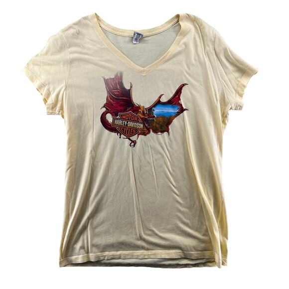 Harley-Davidson Dragon US 129 Tail of the Dragon Tee Women’s 2X Yellow V-Neck - Picture 1 of 5
